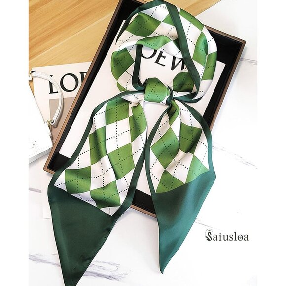 Women's green Diamon Lattice Purse Scarf For Handbags Silky Long Bag Scarfs - Picture 6 of 6